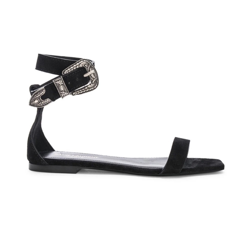 Saint Laurent Black Suede Ankle-Strap Flat Sandals with Western Buckle
